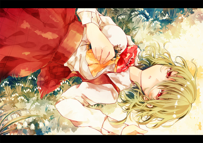 1girl ascot flower grass green_hair half-closed_eyes kaio_(watagami) kazami_yuuka letterboxed lily_of_the_valley long_sleeves lying_on_lap on_back open_vest red_eyes shirt skirt skirt_set solo touhou
