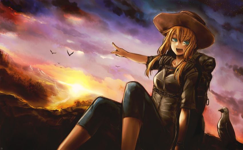 backpack bag bandaid bird blonde_hair capri_pants clouds dutch_angle forest green_eyes hat highres kotoba_noriaki long_hair mountain nature original pointing sky smile sunset twintails