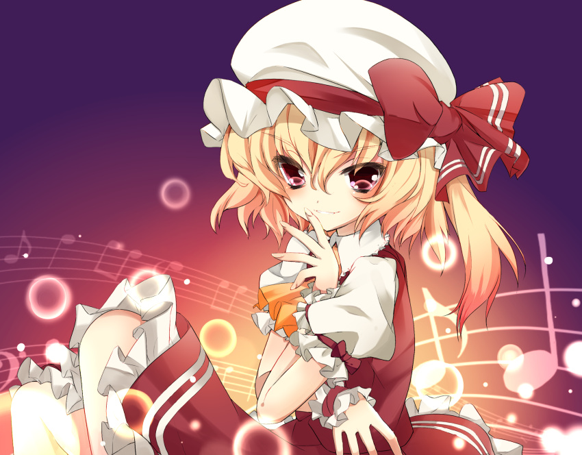 1girl ascot blonde_hair bow dress flandre_scarlet gotou_nao gradient gradient_background hat hat_bow highres looking_at_viewer musical_note pink_eyes puffy_sleeves red_dress serio_(columns) shirt short_sleeves side_ponytail smile solo touhou wrist_cuffs