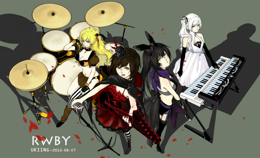 4girls artist_name bass_guitar bat_wings bikini black_feathers black_hair black_legwear blake_belladonna blonde_hair blue_eyes boots bow breasts cape cleavage copyright_name cross dated dress drum drum_set elbow_gloves fingerless_gloves flower gloves guitar hair_bow hat instrument jewelry keyboard_(instrument) long_hair micro_bikini multiple_girls petals ponytail rose rose_petals ruby_rose rwby scarf short_hair striped striped_legwear swimsuit thighhighs ukiing violet_eyes weiss_schnee white_hair wings yang_xiao_long yellow_eyes