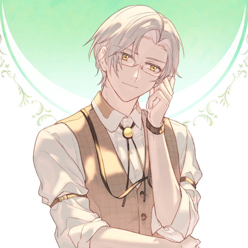 1boy brown_vest closed_mouth forehead highres nacloooo polo_shirt shirt short_hair simple_background sleeves_past_elbows smile solo tears_of_themis vest vyn_richter_(tears_of_themis) watch white_background white_hair white_shirt yellow_eyes