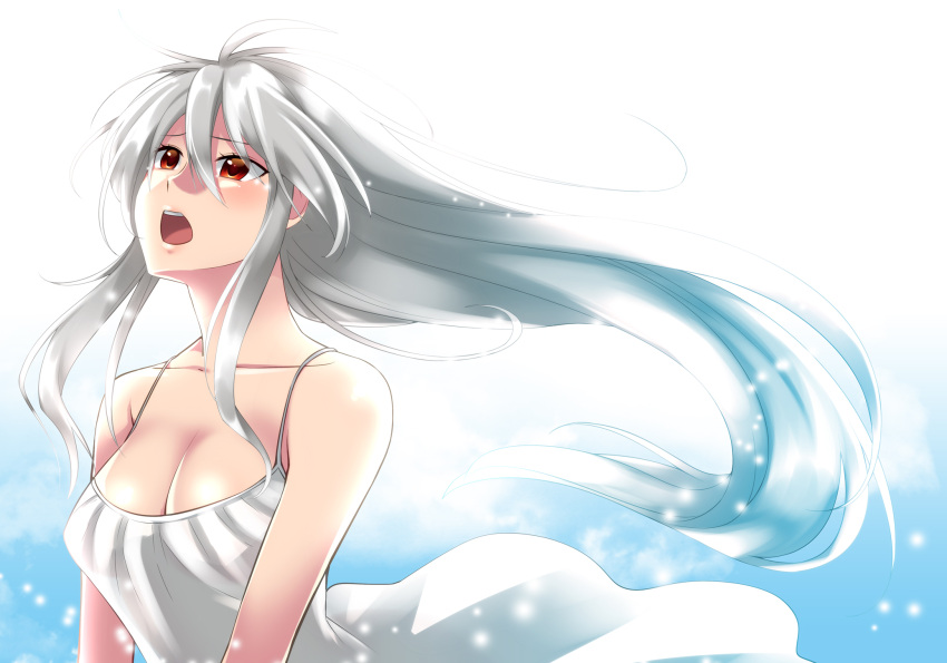 1girl bare_shoulders blush breasts caffein cleavage collarbone dress highres long_hair looking_up open_mouth red_eyes shiny shiny_skin silver_hair solo very_long_hair vocaloid yowane_haku