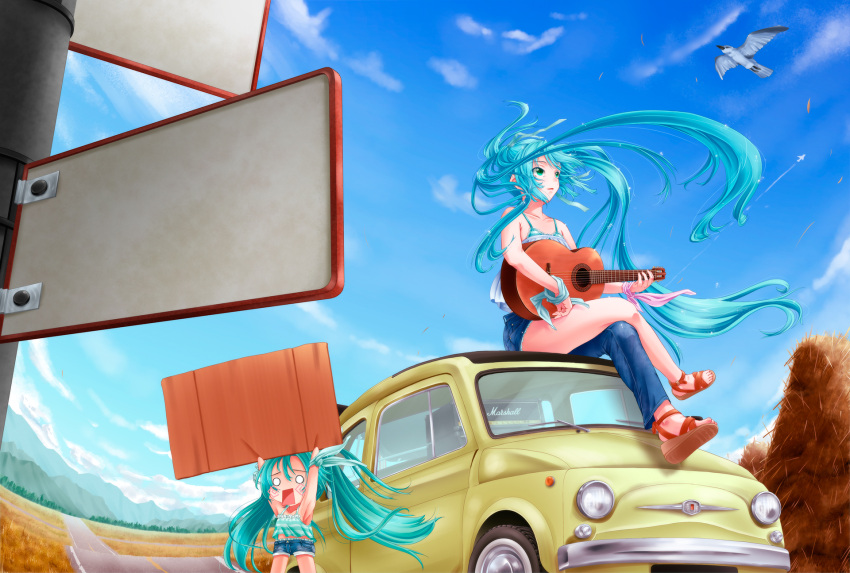 2girls aqua_hair asymmetrical_clothes blush car chibi guitar hatsune_miku highres hitchhiking instrument jeans long_hair mikupa motor_vehicle multiple_girls open_mouth sign single_pantsleg sitting tsukineko twintails vehicle very_long_hair vocaloid