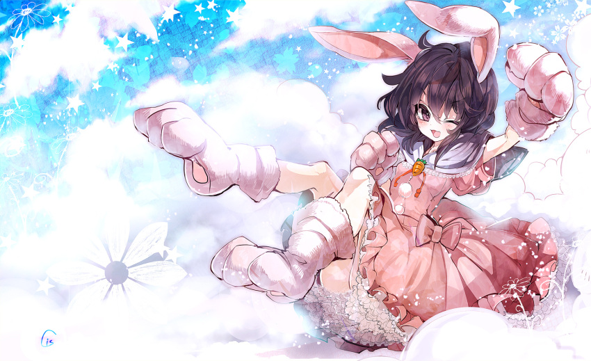 1girl ;d animal_ears black_hair carrot cis_(carcharias) frilled_skirt gloves highres inaba_tewi looking_at_viewer open_mouth paw_gloves paw_shoes puffy_sleeves rabbit_ears revision ribbon short_hair short_sleeves smile solo touhou wink