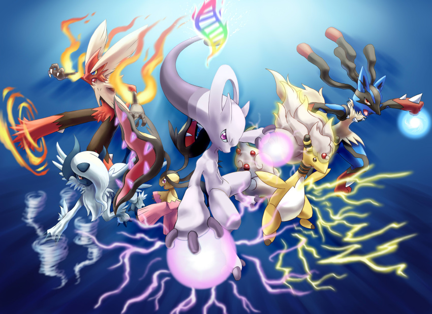 absol alternate_form alternate_hairstyle ampharos aura_sphere blaziken fangs fire hair_over_one_eye highres ho-oh_(artist) lightning lucario mawile mega_absol mega_ampharos mega_blaziken mega_lucario mega_mawile mega_mewtwo_y mega_pokemon mewtwo no_humans pokemon pokemon_(creature) pokemon_(game) pokemon_xy rainbow twister