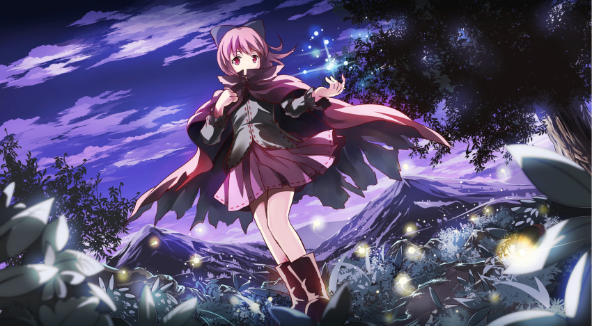 1girl bow cape clouds fireflies hair_bow highres lights long_sleeves looking_at_viewer mountain pink_eyes redhead risutaru sekibanki shirt skirt sky solo touhou tree