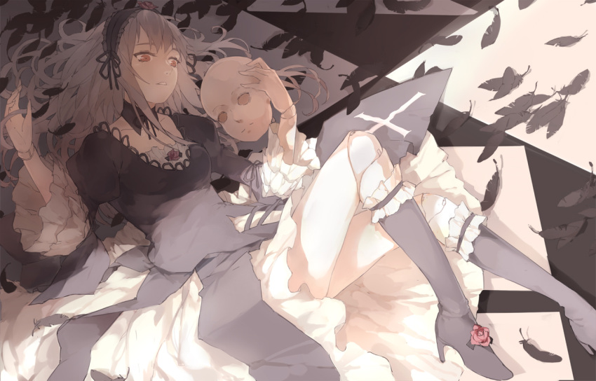 1girl black_dress boots doll_head doll_joints dress feathers gothic_lolita hairband high_heels juliet_sleeves knee_boots layered_dress lolita_fashion lolita_hairband long_hair long_sleeves lying nine_(liuyuhao1992) on_back puffy_sleeves red_eyes rozen_maiden silver_hair solo suigintou tile_floor tiles very_long_hair white_dress
