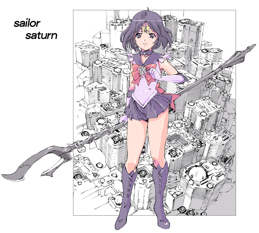 1girl bishoujo_senshi_sailor_moon black_hair boots bow brooch character_name choker cross-laced_footwear dress elbow_gloves gloves highres jewelry lace-up_boots magical_girl naonao77 polearm purple_dress ribbon sailor_collar sailor_saturn short_hair silence_glaive skirt smile solo spear tiara tomoe_hotaru violet_eyes weapon white_gloves