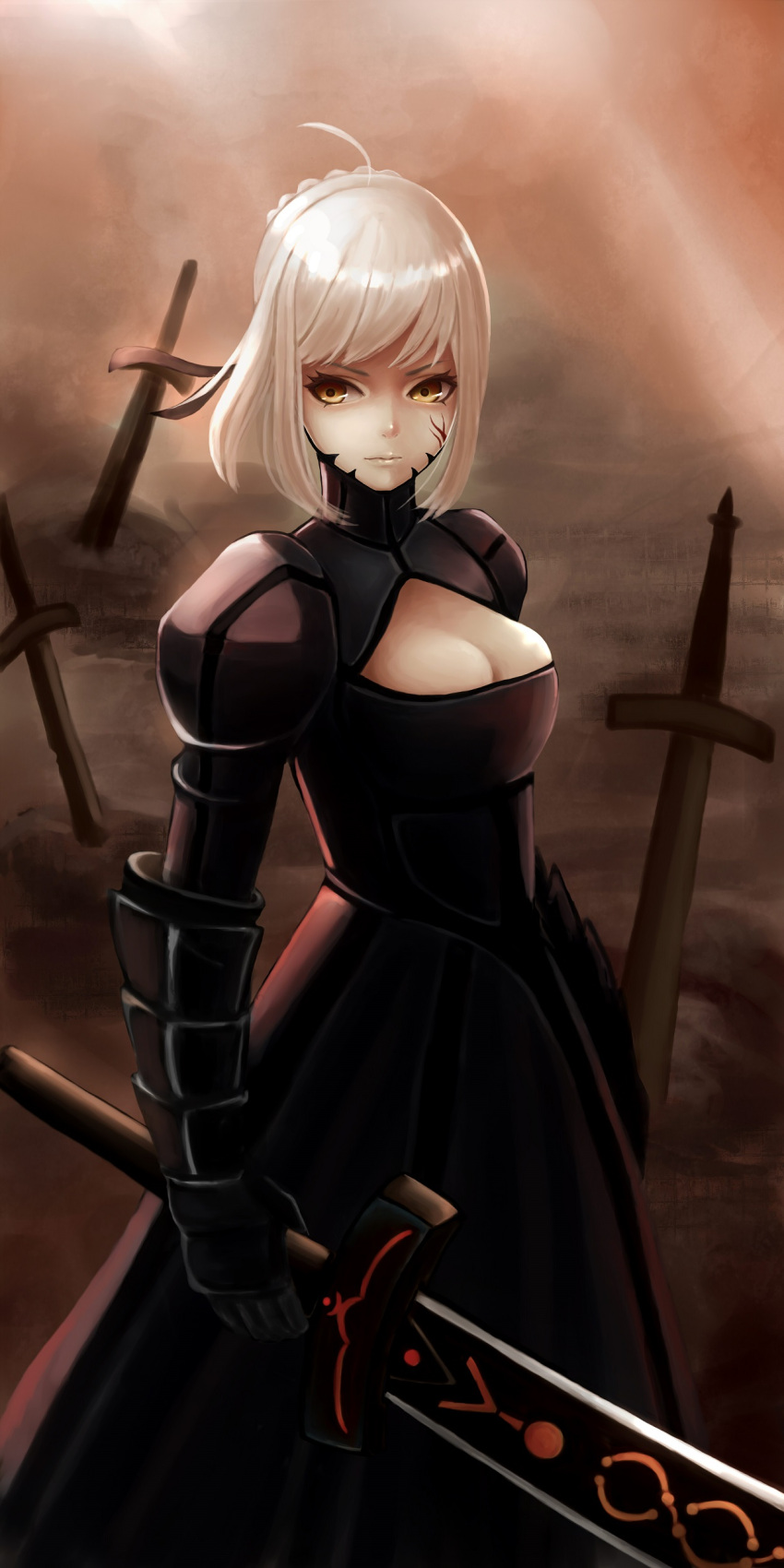 1girl absurdres armor armored_dress blonde_hair breasts cleavage cleavage_cutout dark_excalibur dress fate/stay_night fate_(series) field_of_blades highres saber saber_alter sashimi_(adam026) solo sword weapon yellow_eyes