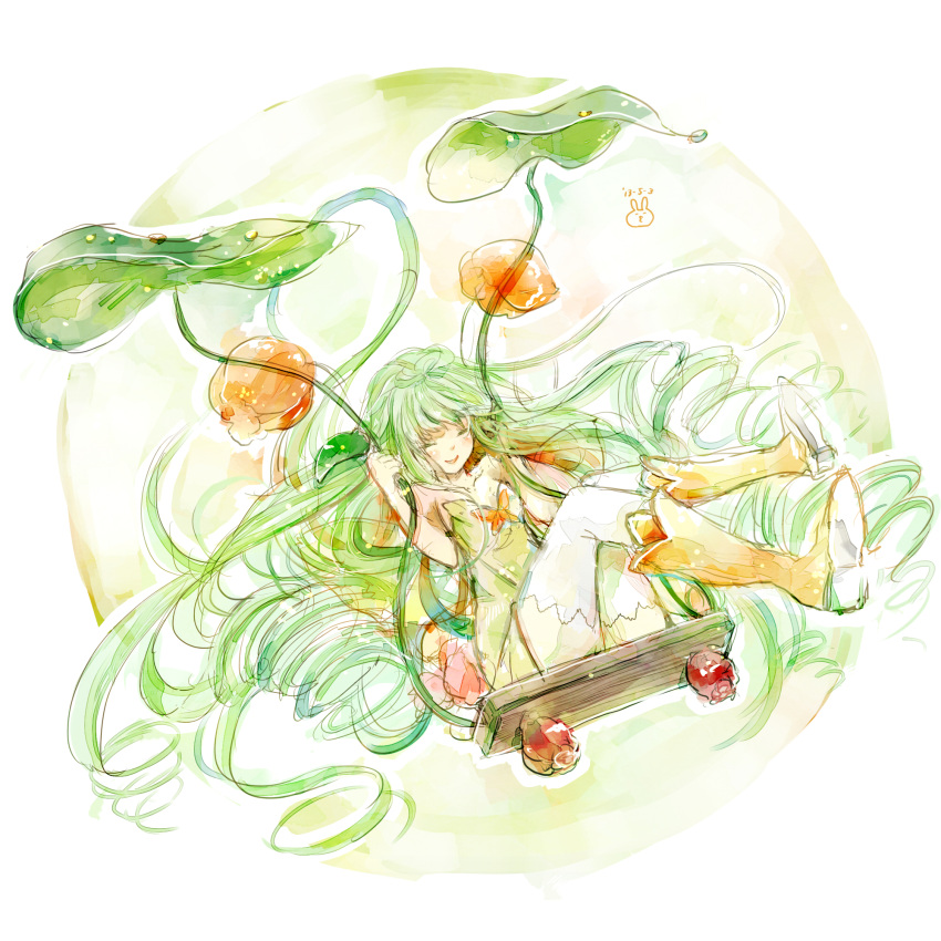 1girl alraune_(p&amp;d) closed_eyes dress flower green_hair happy highres leaf long_hair plant_girl puzzle_&amp;_dragons smile solo swing