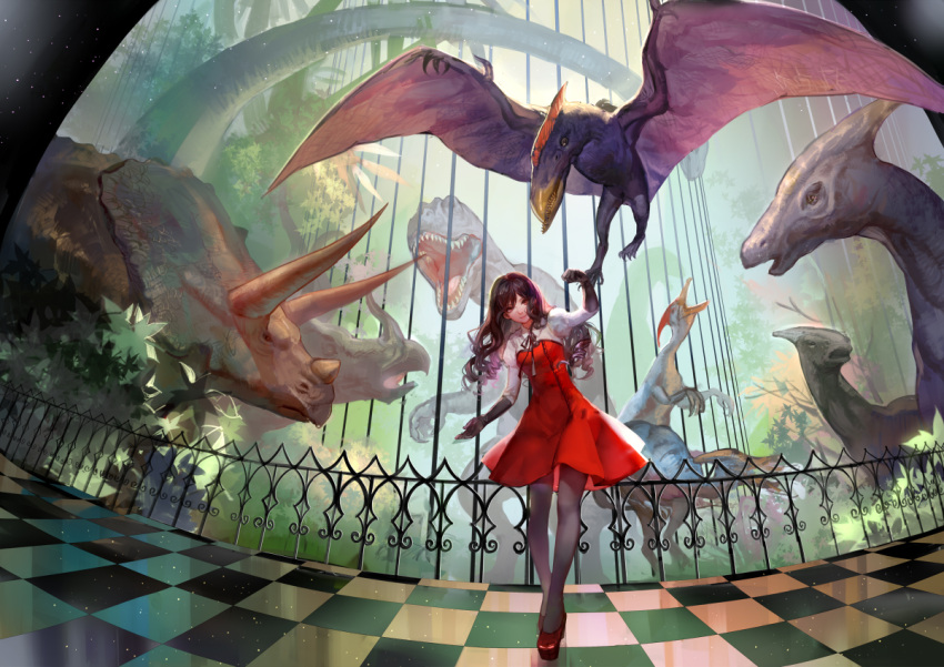 1girl asukaziye black_gloves brown_eyes brown_hair character_request checkered checkered_floor dinosaur dress fence gloves long_hair mary_janes pantyhose pterodactyl red_dress shoes triceratops tyrannosaurus_rex white_legwear