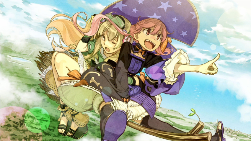 2girls :d ;o atelier_(series) atelier_ayesha ayesha_altugle black_legwear blonde_hair bloomers boots broom broom_riding brown_eyes game_cg hat hidari_(left_side) highres long_hair multiple_girls official_art open_mouth payot pink_eyes pink_hair pointing shoes short_hair skirt sky smile thigh-highs thigh_boots toeless_legwear underwear wilbell_voll=erslied wink