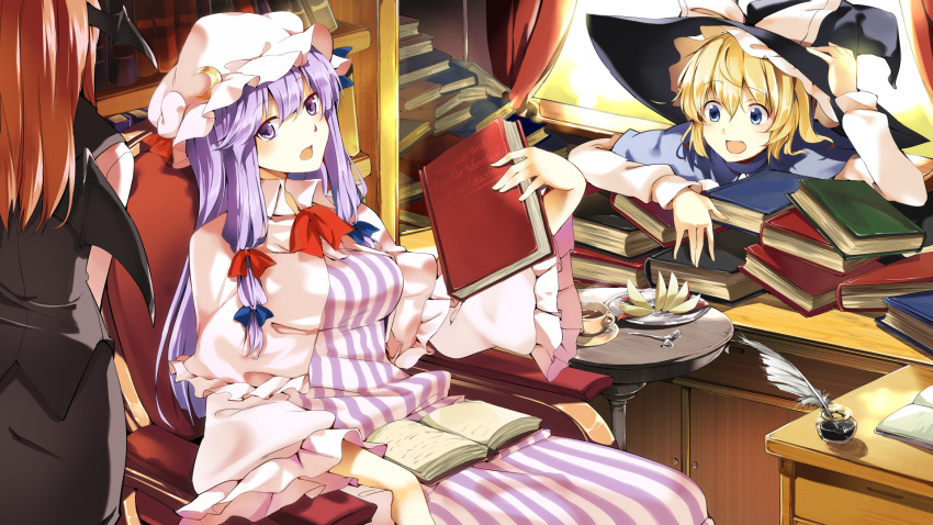 3girls apple_slice bat_wings blonde_hair blue_eyes book book_stack bow capelet chair crescent cup desk dress feathers hair_ribbon hasebe_yuusaku hat hat_bow head_wings highres ink_bottle kirisame_marisa koakuma long_hair long_sleeves multiple_girls open_mouth patchouli_knowledge plate purple_dress purple_hair redhead ribbon shirt sitting skirt skirt_set striped striped_dress table teacup touhou tress_ribbon very_long_hair vest violet_eyes wide_sleeves wings witch_hat