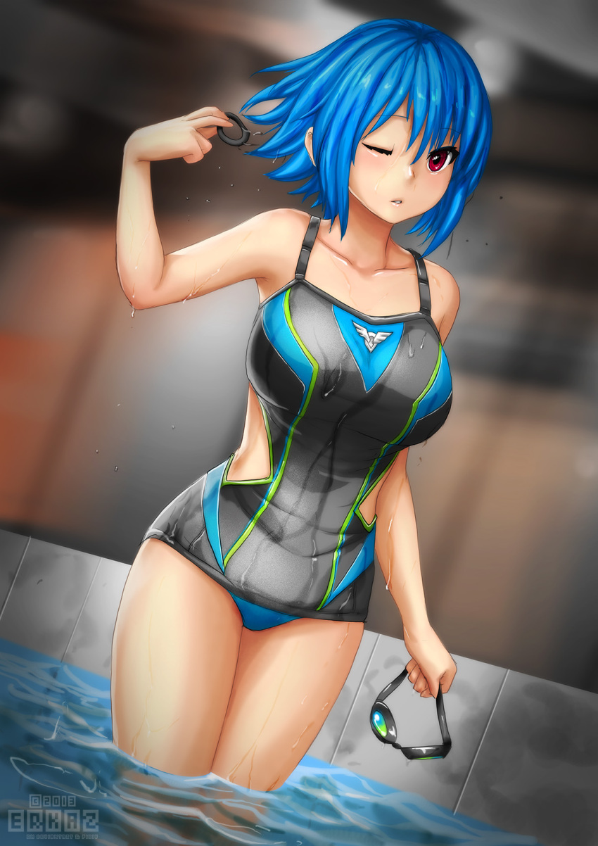 1girl blue_hair erkaz goggles highres holding_goggles one-piece_swimsuit original red_eyes short_hair swimsuit wet wink