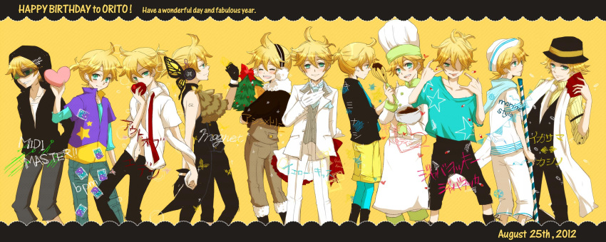 \m/ blonde_hair blue_eyes blush character_sheet dated hat heart highres holding_hands hoodie kagamine_len looking_at_viewer open_mouth sakanashi smile vocaloid