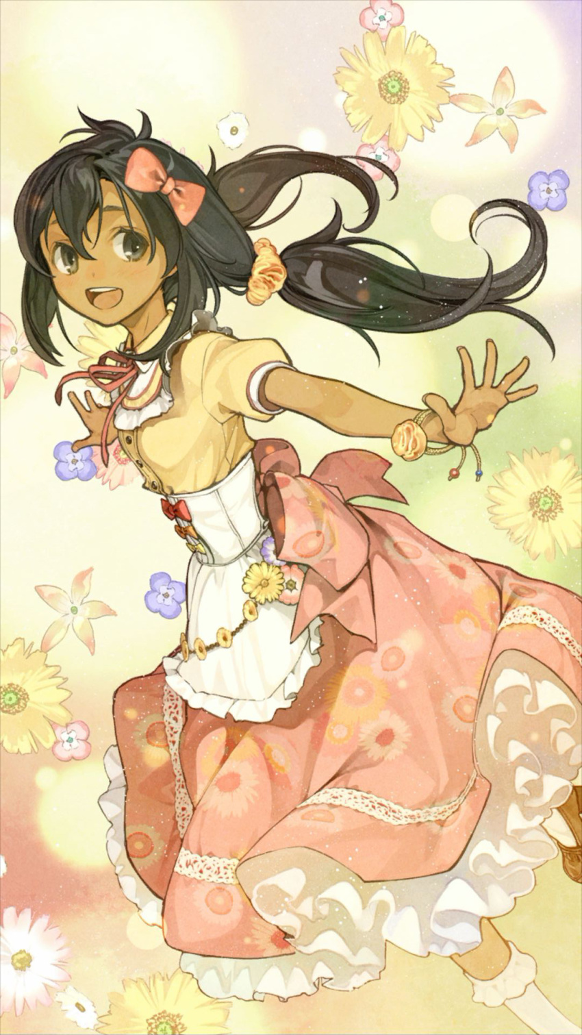 1girl alternate_costume alternate_hairstyle apron atelier_(series) atelier_ayesha black_eyes black_hair bow corset dress flower frills hair_bow hidari_(left_side) highres long_hair official_art outstretched_arms pink_dress smile solo spread_arms tan tanya_volta twintails