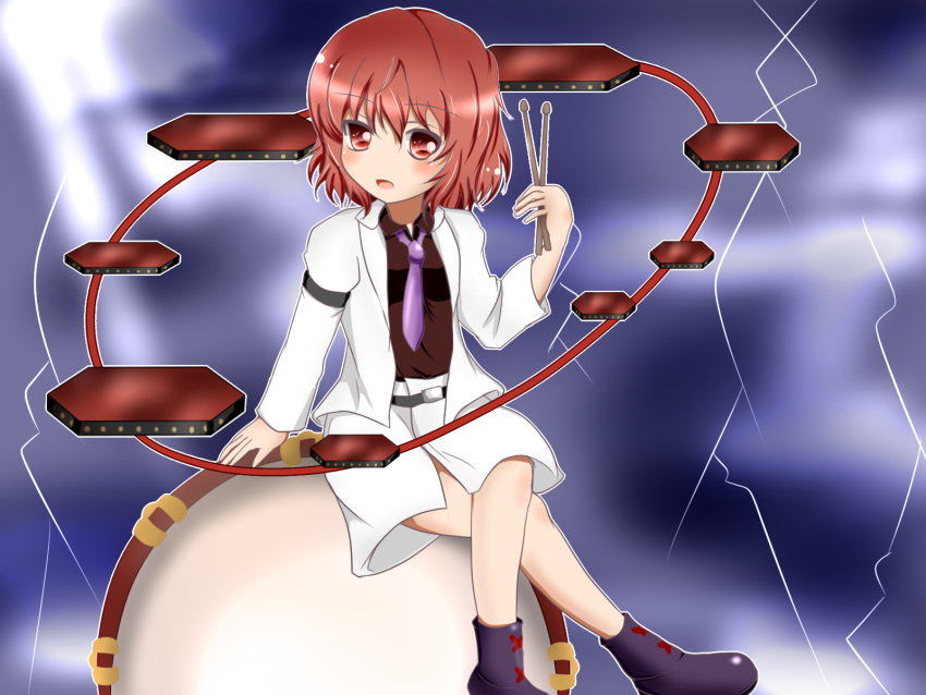 1girl ankle_boots armband boots crossed_legs_(sitting) drum drum_set drumsticks gradient gradient_background highres horikawa_raiko instrument jacket kamesys looking_at_viewer necktie open_mouth red_eyes redhead short_hair simple_background sitting skirt solo touhou