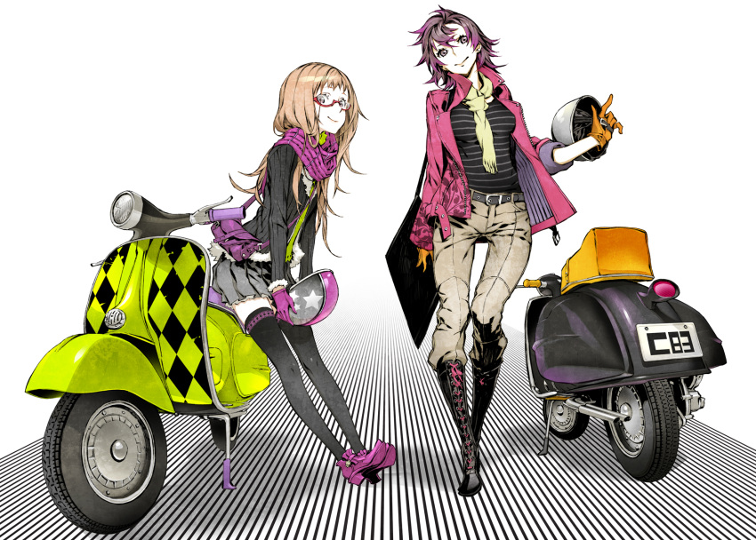 2girls black_legwear boots brown_hair glasses gloves helmet highres jacket long_hair miwa_shirou motor_vehicle multiple_girls original purple_hair scarf scooter skirt thigh-highs vehicle vespa violet_eyes