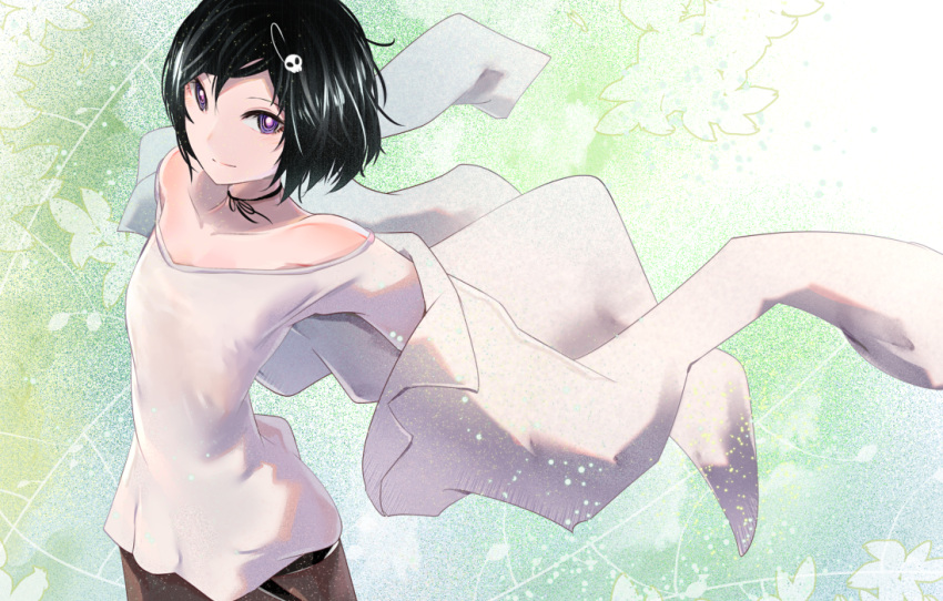 1boy bare_shoulders black_hair blush hair_ornament hairclip inae_keiji labcoat looking_at_viewer outstretched_arms short_hair skull_hair_ornament solo spread_arms steins;gate string trap urushibara_ruka violet_eyes