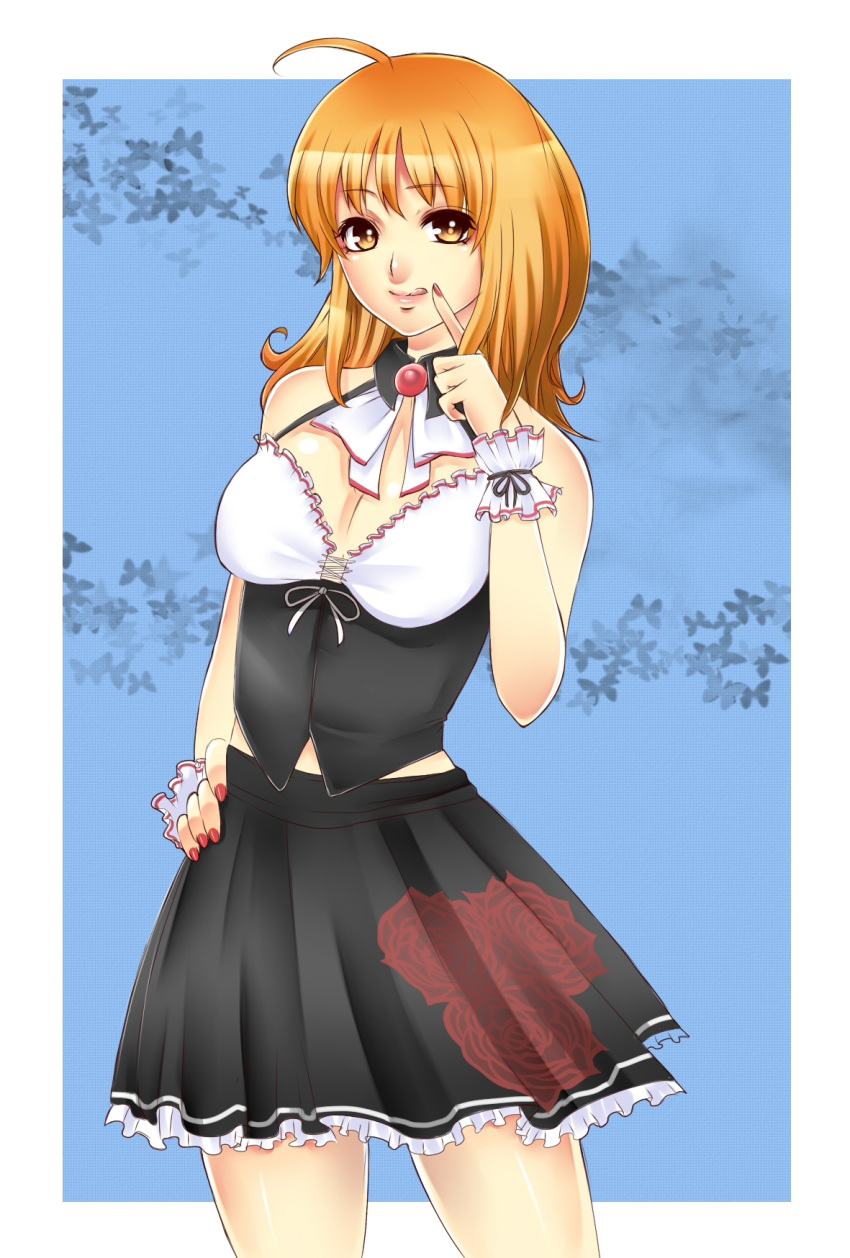 1girl :q ahoge breasts brown_hair cleavage finger_to_face highres lips long_hair looking_at_viewer miura_hajime nail_polish orange_hair pleated_skirt skirt smile solo tongue