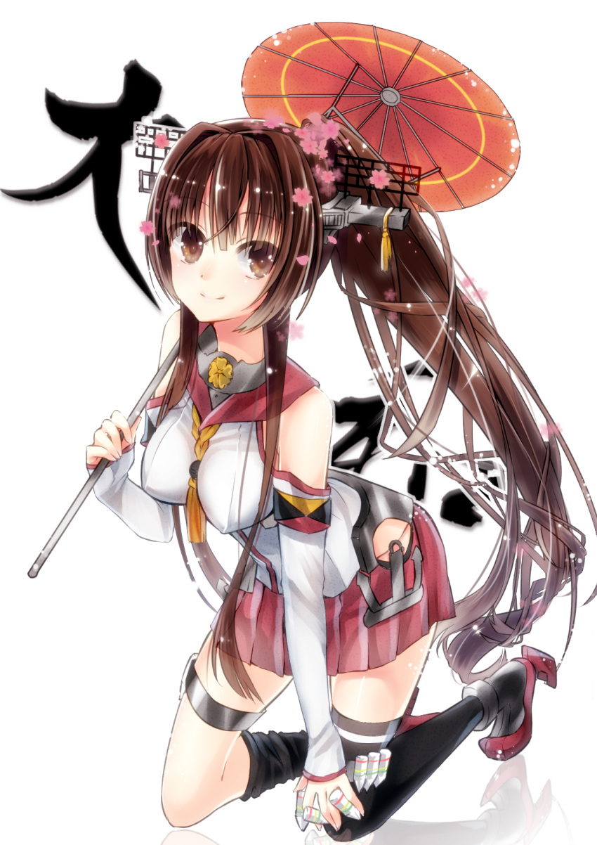 1girl brown_eyes brown_hair cherry_blossoms flower hair_ornament highres kantai_collection long_hair looking_at_viewer machinery personification ponytail sleeves_past_wrists solo tika_(mika4975) umbrella very_long_hair yamato_(kantai_collection)