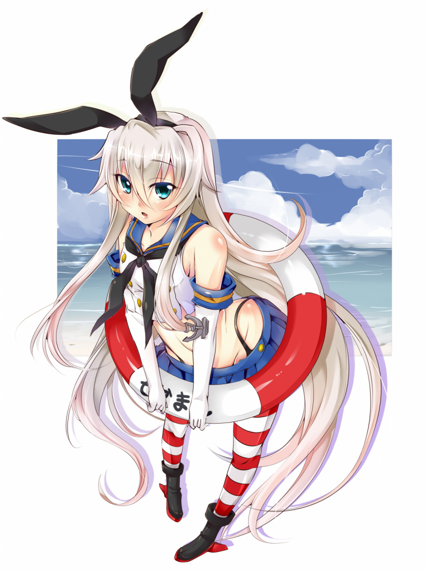 1girl anchor black_panties blonde_hair blush elbow_gloves gloves hair_ornament hairband highres innertube kantai_collection long_hair looking_at_viewer navel open_mouth panties personification sesield shimakaze_(kantai_collection) skirt solo striped striped_legwear thighhighs underwear white_gloves