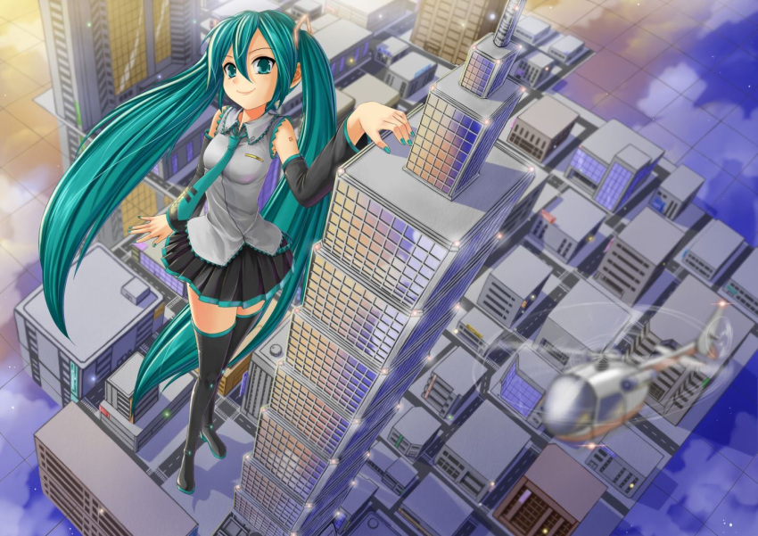 1girl aqua_eyes aqua_hair boots building city crazypen detached_sleeves from_above giantess hatsune_miku helicopter long_hair nail_polish necktie skirt skyscraper smile solo thigh_boots thighhighs twintails very_long_hair vocaloid