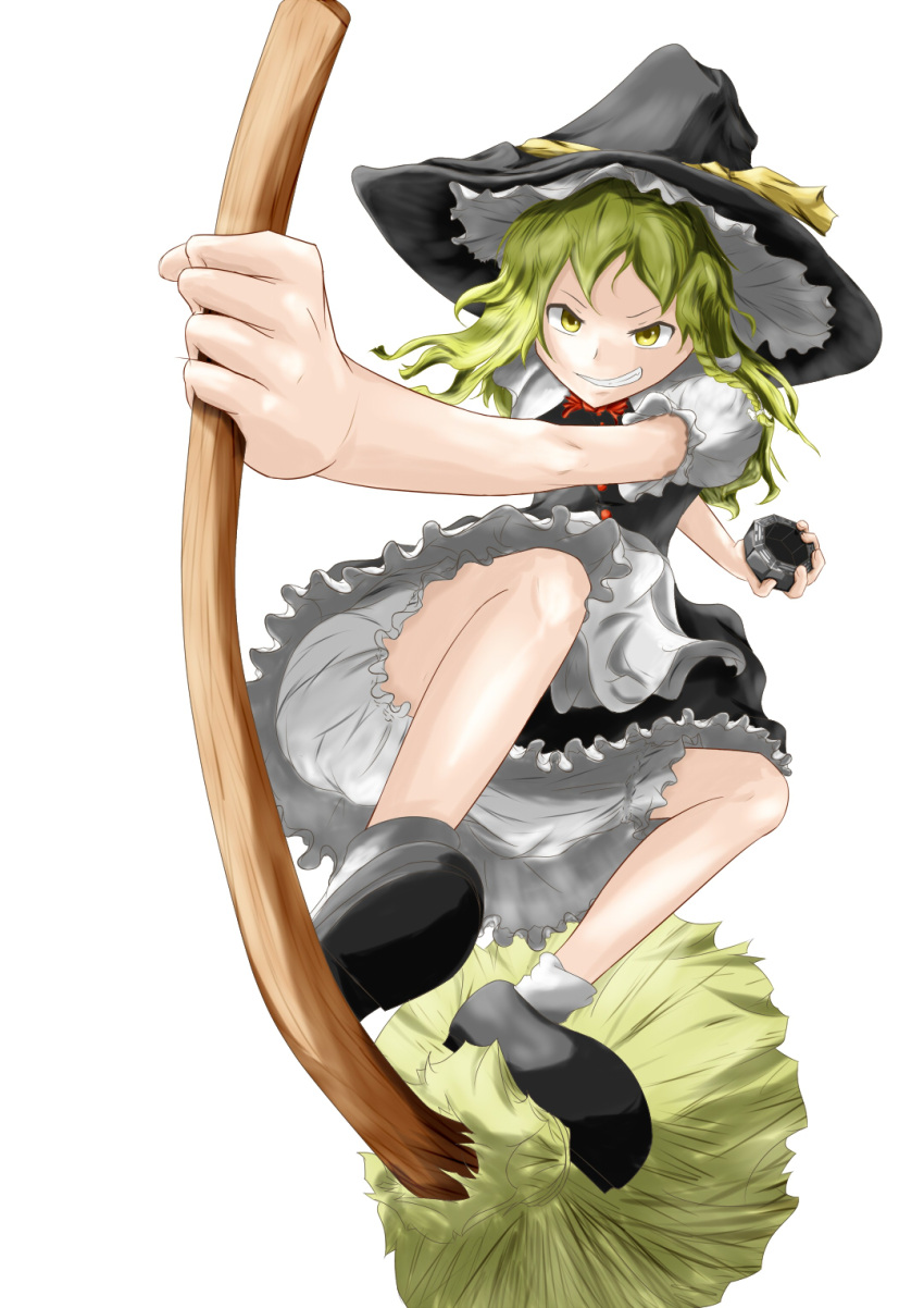 amber_eyes blonde_hair bloomers broom hat highres kirisame_marisa legs smile touhuo underwear witch witch_hat