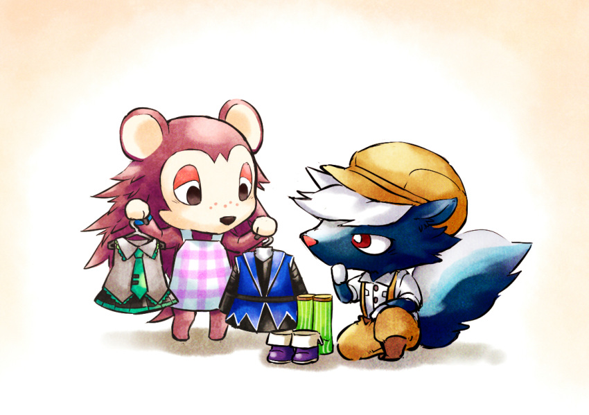 1boy 1girl apron asami_(doubutsu_no_mori) black_hair brown_hair character_request clothes_hanger commentary doubutsu_no_mori freckles furry hat hatsune_miku_(cameo) hedgehog kneeling ko-on_(ningen_zoo) looking_at_another looking_down necktie no_humans pigeon-toed red_eyes shank_(doubutsu_no_mori) shoes skirt skunk socks standing suspenders tail vocaloid white_hair
