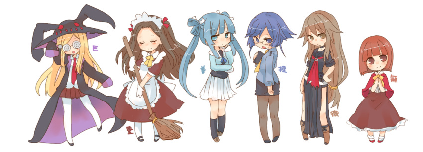 6+girls akai_ringo blonde_hair blue_eyes blue_hair blush broom brown_eyes brown_hair closed_eyes from_behind glasses hand_on_hip hat kiriki_alice long_hair looking_at_viewer looking_back maid maid_headdress majolica_le_fay multiple_girls necktie ookami-san ookami_ryouko open_mouth pantyhose ryuuguu_otohime simple_background skirt smile takamura tsurugaya_otsuu very_long_hair white_background