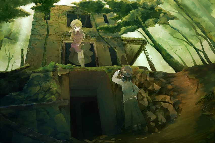 2girls blonde_hair bow brown_hair covering covering_crotch dress forest hat hat_bow highres long_hair long_sleeves maribel_hearn multiple_girls nature overgrown path purple_dress road ruins shirt skirt tokoroten_(hmmuk) touhou tree usami_renko v_arms vines wind_lift