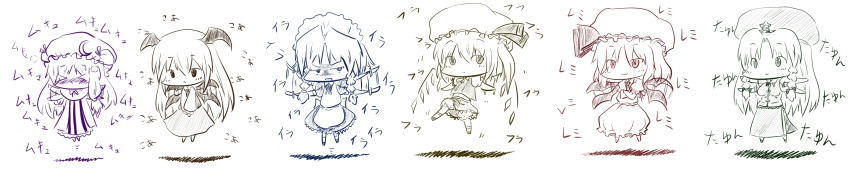 &gt;:) &gt;_&lt; 6+girls :&lt; :d :o :x ^_^ absurdres annoyed apron bat_wings beret bloomers blush bouncing_breasts bow braid breast_envy breasts capelet chibi china_dress chinese_clothes closed_eyes crescent crossed_arms dress flandre_scarlet flapping floating fuugetsu_oreha_ikiru gloom_(expression) hair_ribbon hat hat_bow hat_ornament head_wings highres hong_meiling izayoi_sakuya knife koa_(phrase) koakuma long_hair long_image long_sleeves looking_at_another low-tied_long_hair maid maid_headdress mob_cap monochrome multiple_girls navel necktie open_mouth patchouli_knowledge payot remilia_scarlet ribbon short_hair short_sleeves side_ponytail side_slit simple_background skirt skirt_set smile star striped striped_dress the_embodiment_of_scarlet_devil touhou translation_request tress_ribbon twin_braids underwear v_arms vertical_stripes very_long_hair vest waist_apron waving_arms white_background wide_image wings