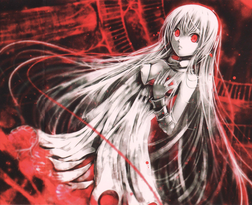 1girl album_cover cable cover dress flat_chest headphones highres kei_(keigarou) long_hair looking_at_viewer original red_eyes scan scan_artifacts solo very_long_hair white_dress white_hair white_skin