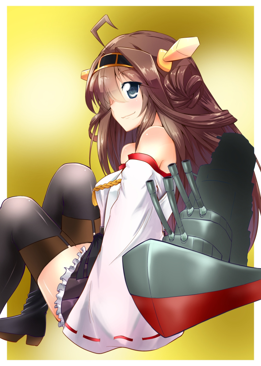 1girl ahoge blue_eyes boat brown_hair chipa_(arutana) detached_sleeves hairband highres japanese_clothes kantai_collection kongou_(kantai_collection) machinery personification sitting solo thigh-highs turret