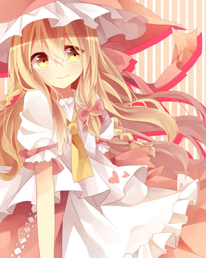 1girl adapted_costume apron ascot bell blonde_hair braid hair_bell hair_ornament hat heart hetayusa highres kirisame_marisa long_hair looking_at_viewer puffy_sleeves shirt short_sleeves skirt smile solo striped striped_background touhou very_long_hair waist_apron yellow_eyes