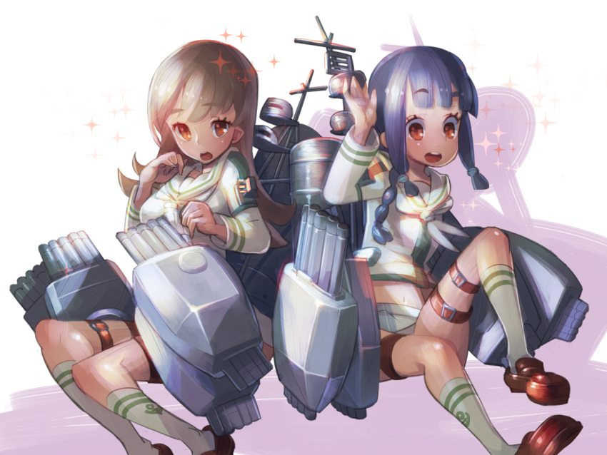 2girls arm_up bangs black_eyes black_hair blunt_bangs blush braid brown_eyes brown_hair kantai_collection kitakami_(kantai_collection) loafers long_hair multiple_girls ooi_(kantai_collection) personification school_uniform serafuku shoes skirt smile sparkle twin_braids xanado