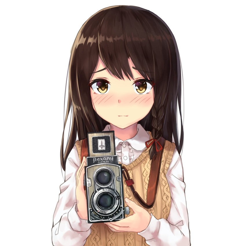 1girl aran_sweater bangs blush braid breasts brown_eyes brown_hair camera closed_mouth collared_shirt dress_shirt eyebrows_visible_through_hair eyes_visible_through_hair frills hair_ornament hair_over_shoulder hair_ribbon highres holding holding_camera karo-chan lace lace-trimmed_shirt long_hair long_sleeves looking_at_viewer medium_breasts original red_ribbon ribbon shirt side_braid sidelocks simple_background solo sweater sweater_vest swept_bangs tress_ribbon twin-lens_reflex_camera upper_body white_background white_shirt yellow_sweater