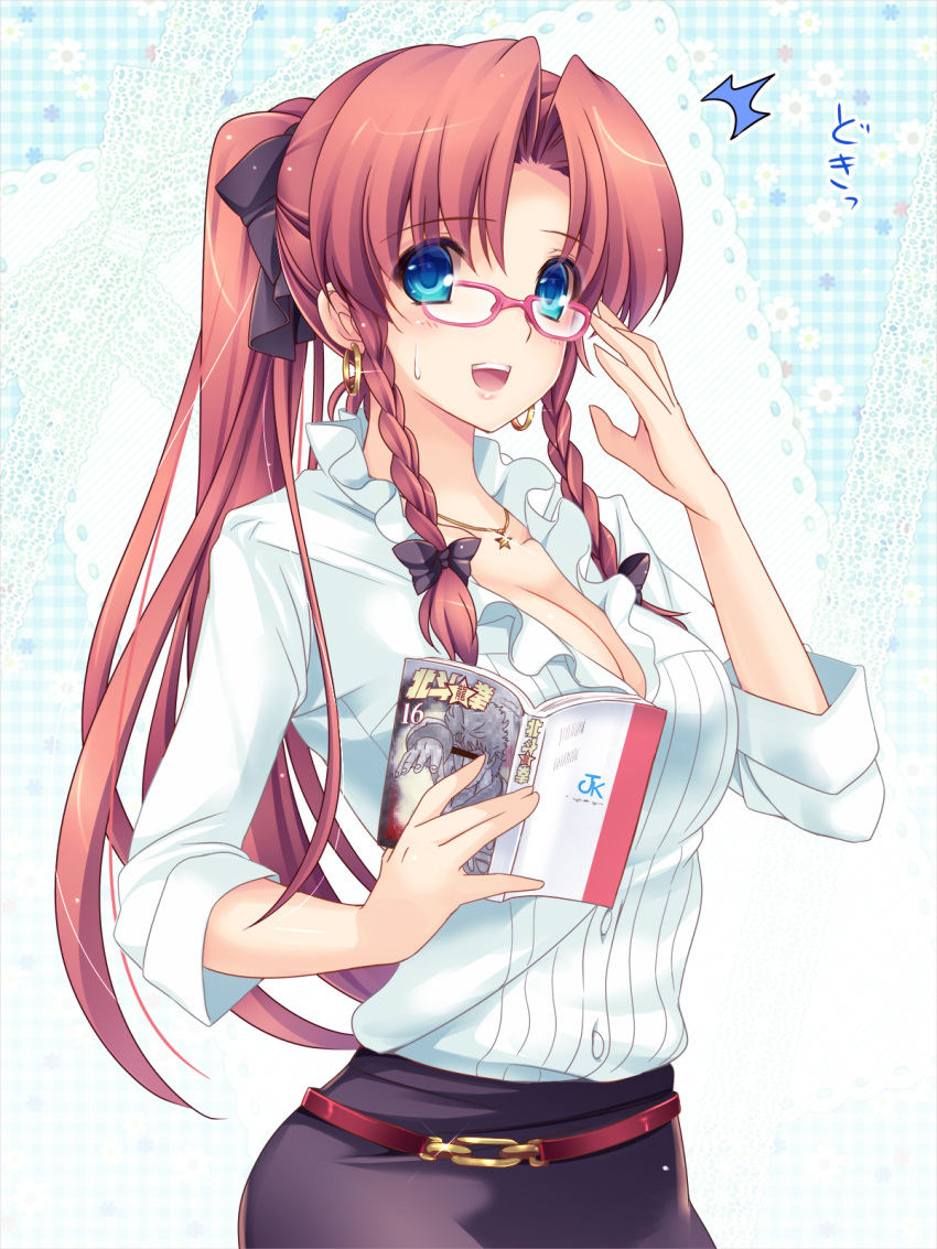 1girl alternate_costume belt bespectacled blue_eyes bow braid breasts cleavage earrings glasses hair_bow highres hong_meiling jewelry large_breasts long_hair looking_at_viewer manga_(object) moneti_(daifuku) necklace open_mouth pendant ponytail red-framed_glasses redhead shirt skirt smile solo star sweatdrop touhou twin_braids very_long_hair