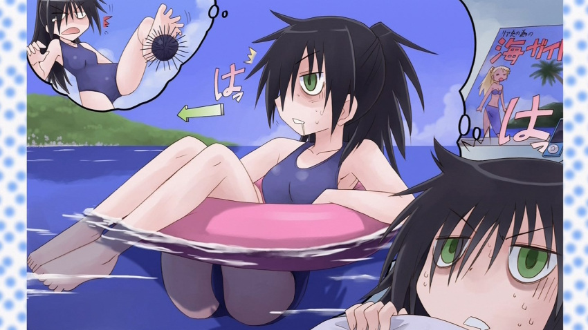 1girl artist_request bags_under_eyes black_hair digital_media_player drooling floating green_eyes ipod kuroki_tomoko poster_(object) sea_urchin solo swimsuit watashi_ga_motenai_no_wa_dou_kangaetemo_omaera_ga_warui! water