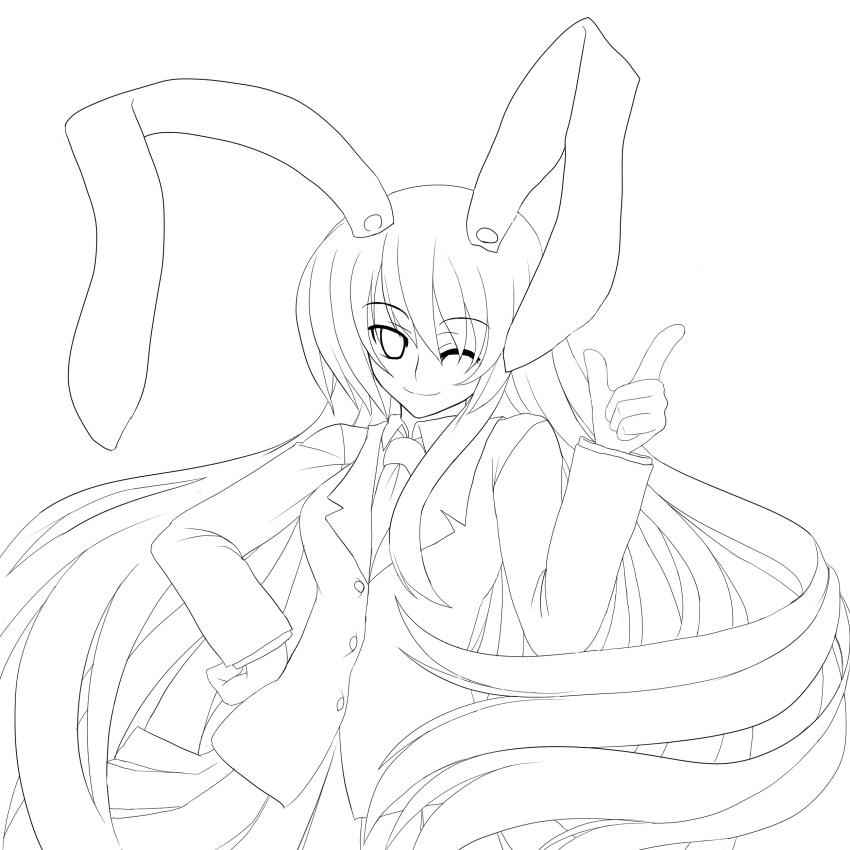 1girl absurdres animal_ears hand_on_hip highres iwanori lineart long_hair looking_at_viewer monochrome necktie rabbit_ears reisen_udongein_inaba smile solo touhou very_long_hair wink