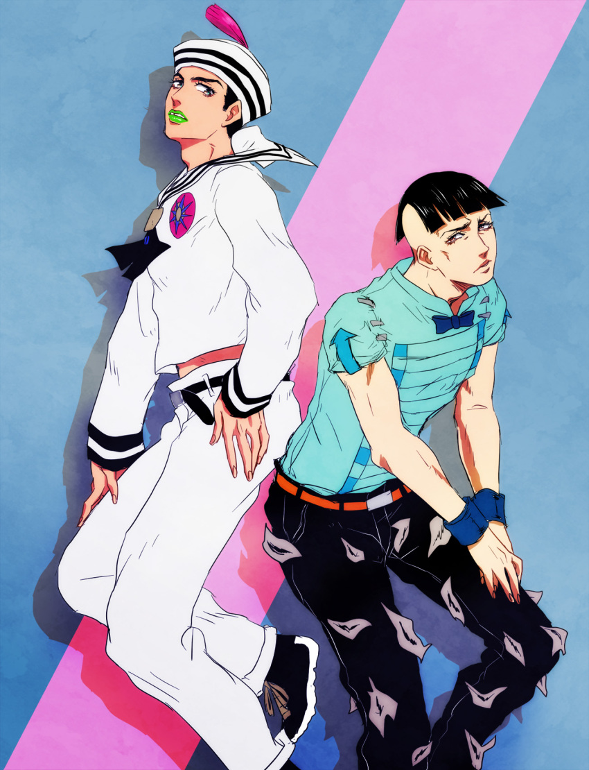 2boys black_hair bowtie dixie_cup_hat higashikata_joushuu higashikata_jousuke_(jojolion) highres jojo_no_kimyou_na_bouken jojolion lipstick makeup multiple_boys nara01 sailor