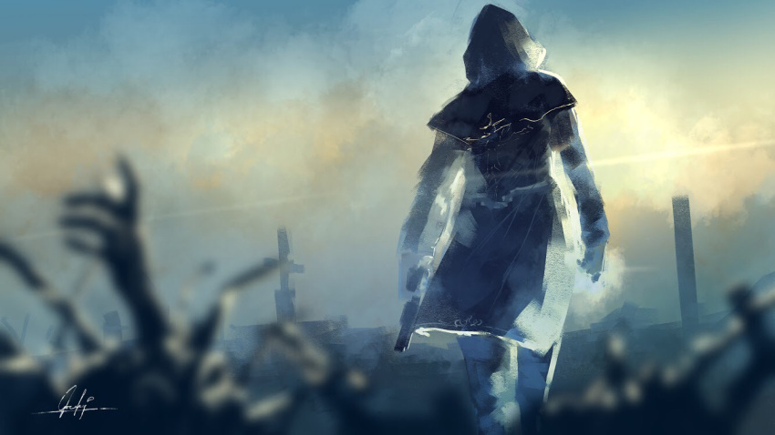 1other back black_gloves blurry_foreground cloak clouds cloudy_sky corpse cross fantasy gloves goroku gun handgun hands holding holding_gun holding_weapon hood hood_up lens_flare original outdoors sky solo tombstone walking weapon