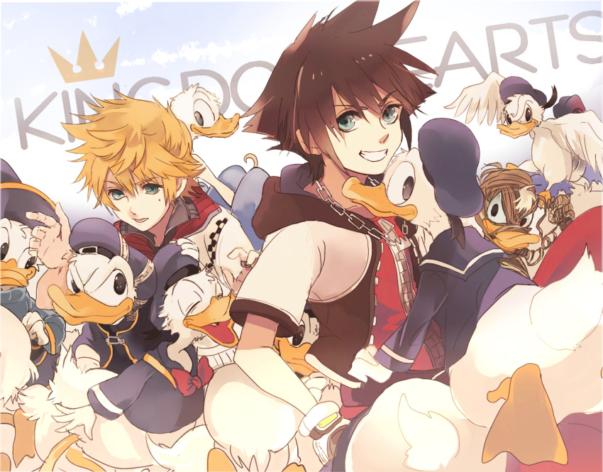 blonde_hair blue_eyes brown_hair copyright_name disney donald_duck kingdom_hearts kingdom_hearts_358/2_days male roxas smile sora_(kingdom_hearts) xemnas