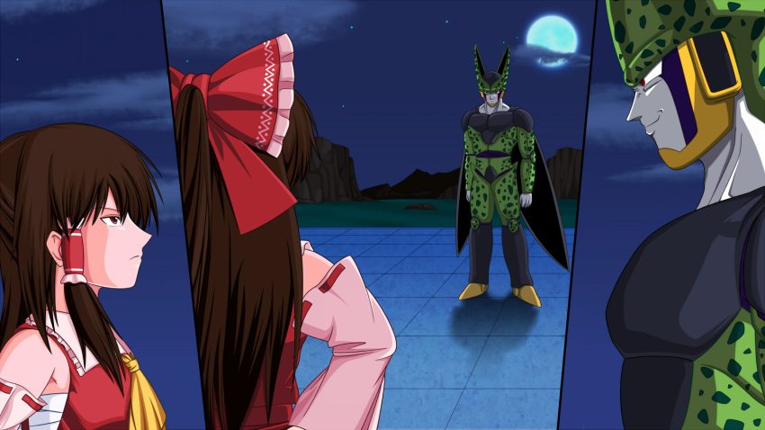 1boy 1girl armor bare_shoulders bow brown_eyes brown_hair cell_(dragon_ball) clenched_hands detached_sleeves dragon_ball dragon_ball_z evil_grin evil_smile full_moon grin hair_bow hair_ribbon hair_tubes hakurei_reimu helmet highres long_hair male moon moyatto muscle night night_sky pale_skin perfect_cell red_eyes ribbon sky smile smirk touhou white_skin wings