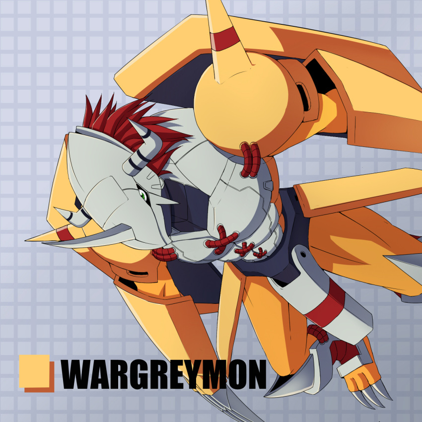 armor character_name claws digimon digimon_adventure gauntlets greaves green_eyes grid helmet highres horns monster no_humans redhead s09v165 shoulder_pads solo spikes wargreymon