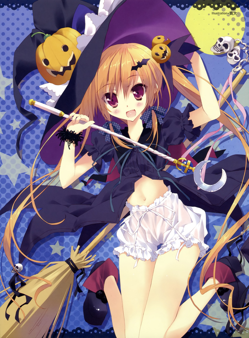 1girl :d absurdres bloomers broom brown_hair crescent_moon full_moon hat highres jack-o'-lantern moon open_mouth pumpkin skull smile tsurusaki_takahiro twintails underwear violet_eyes wand witch witch_hat