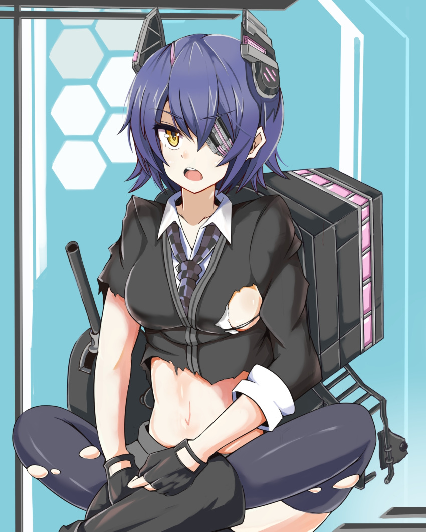 1girl breasts damaged eyepatch fingerless_gloves gloves headgear highres kantai_collection koenza_botoke machinery navel necktie open_mouth personification purple_hair short_hair sitting solo tenryuu_(kantai_collection) thighhighs torn_clothes turret yellow_eyes