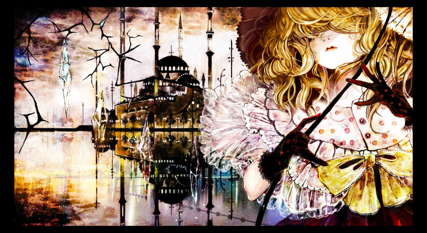 1girl black_gloves blonde_hair bow capelet cloudy_sky dress flandre_scarlet frame gloves hair_over_eyes highres lace_gloves laevatein lake lips majamari red_dress reflection scarlet_devil_mansion sky solo touhou wings