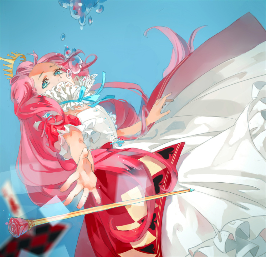 air_bubble alternate_costume asphyxiation bubble card cosplay crown dress drowning highres long_hair megurine_luka open_mouth pink_hair princess queen_of_hearts_(cosplay) solo staff underwater vocaloid water weapon xiayu93