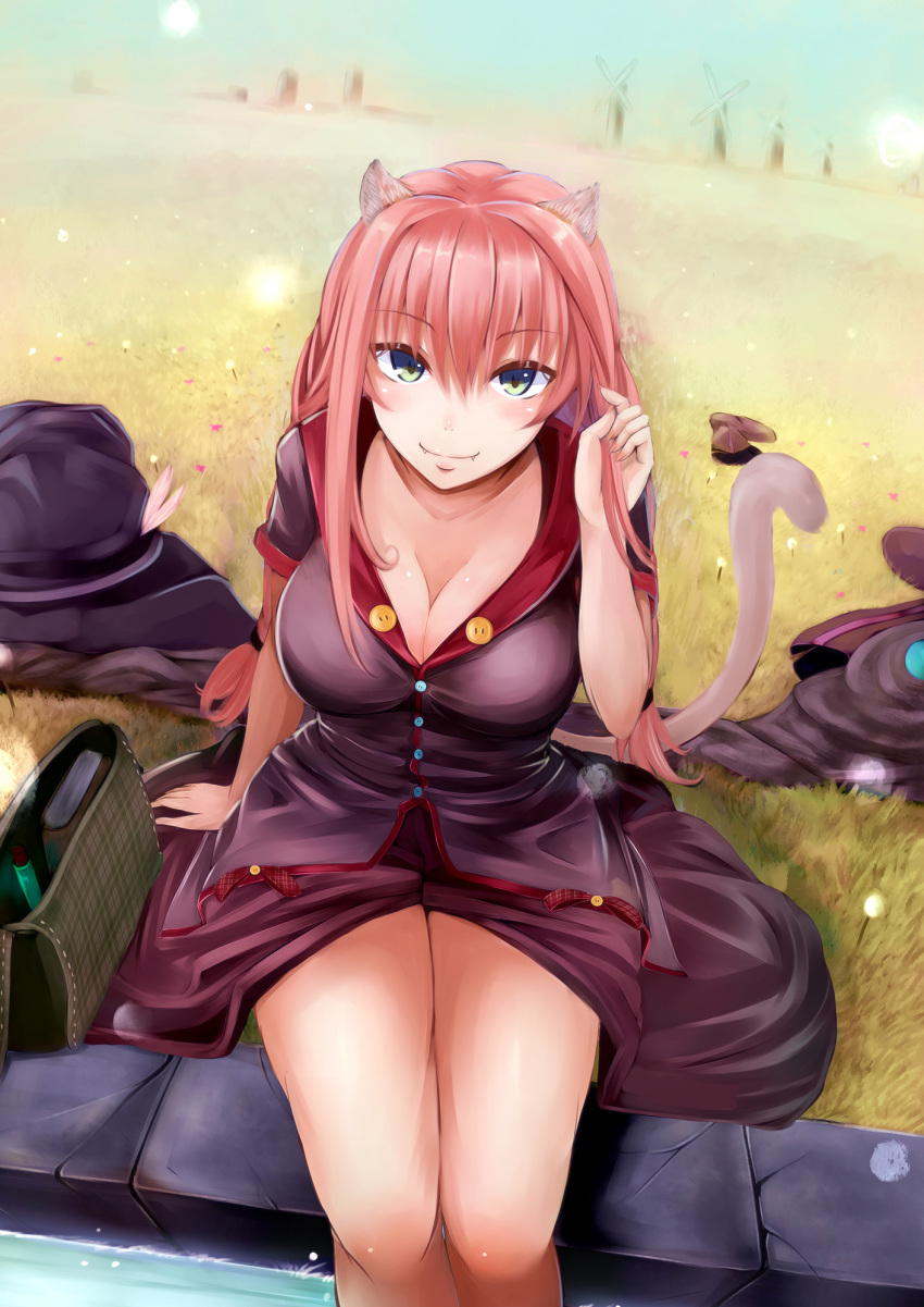 1girl animal_ears breasts cat_ears cat_tail cleavage fangs grass green_eyes highres irohasu looking_at_viewer original pink_hair smile solo tail